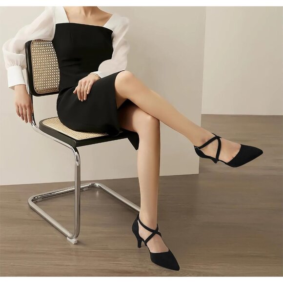 Women's Black Suede Polyurethane Pointed Toe Cross Strap Low Kitten Heel Pumps - Picture 2 of 6